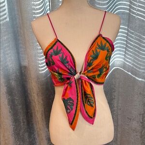 Tropical Leaf Print Tie-Front Top